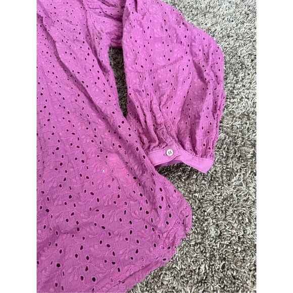 Free People Maddison Eyelet Blouse Orchid L Button Front Long Sleeve Oversized - Picture 13 of 16